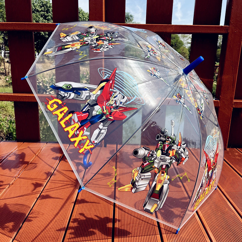 Dječji proziran kišobran – tema vatrogasnog auta i inženjerskog tima, karikatura dizajn, plastični okvir, držač i šipka