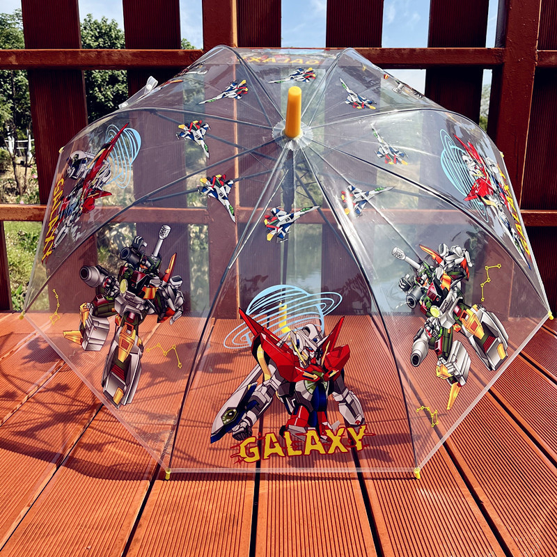 Dječji proziran kišobran – tema vatrogasnog auta i inženjerskog tima, karikatura dizajn, plastični okvir, držač i šipka