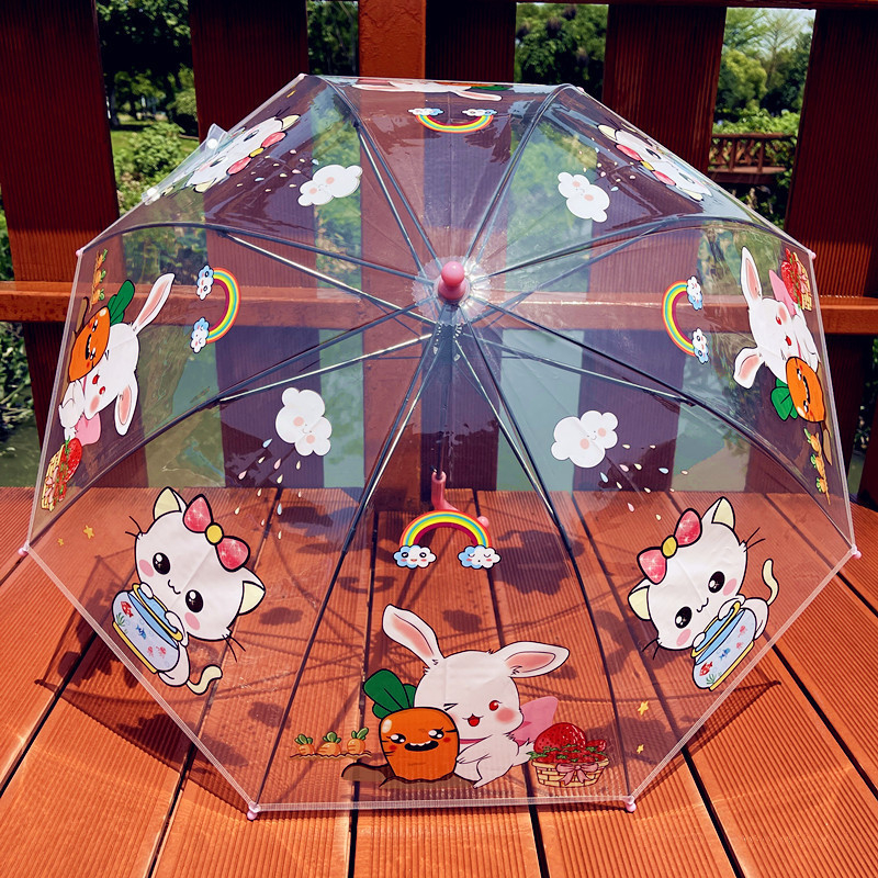 Dječji proziran kišobran – tema vatrogasnog auta i inženjerskog tima, karikatura dizajn, plastični okvir, držač i šipka