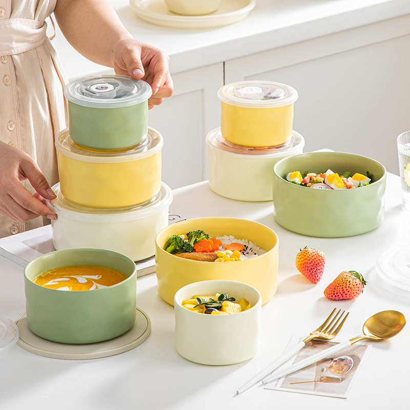 Κεραμικό μπολ συντήρησης φρεσκάδας με καπάκι, ασφαλές για μικροκύματα, στρογγυλό, 301–500 ml, κουτί γευμάτων