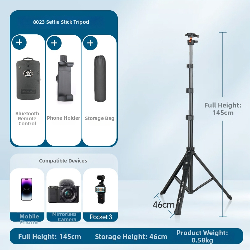 Yunteng 8023 Hliníkový selfie stick a tripod pre telefón a bezzrkadlový fotoaparát, Bluetooth diaľkové ovládanie a stabilizáciu obrazu