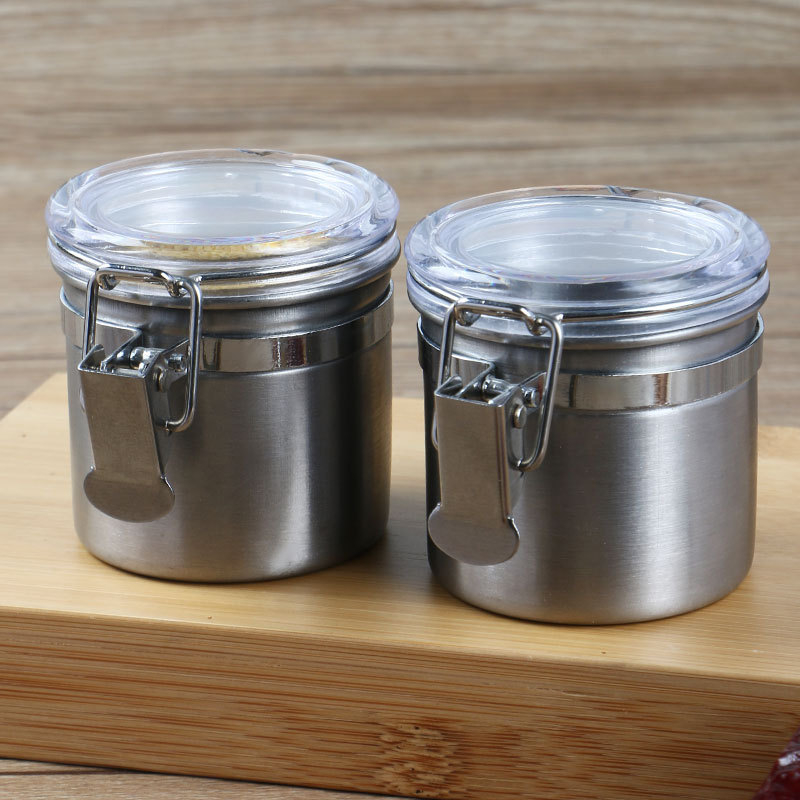 Nerđajući čelik mini hermetički spremnik s okruglim oblikom, kapacitet ispod 300 ml, moderni minimalistički dizajn.