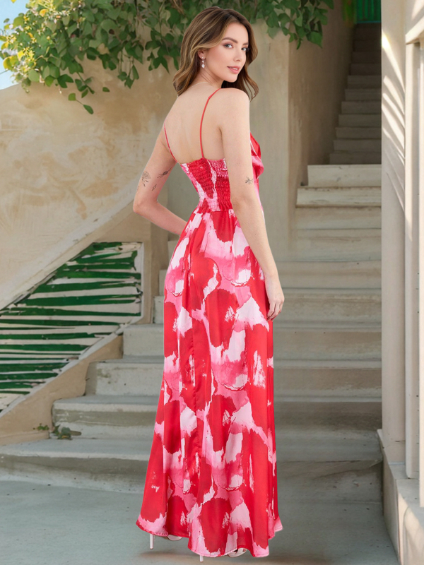 Rochie cu bretele subțiri, decolteu în V, croială A-line midi, imprimeu floral digital pe poliester