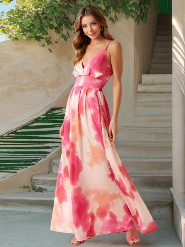 Rochie cu bretele subțiri, decolteu în V, croială A-line midi, imprimeu floral digital pe poliester