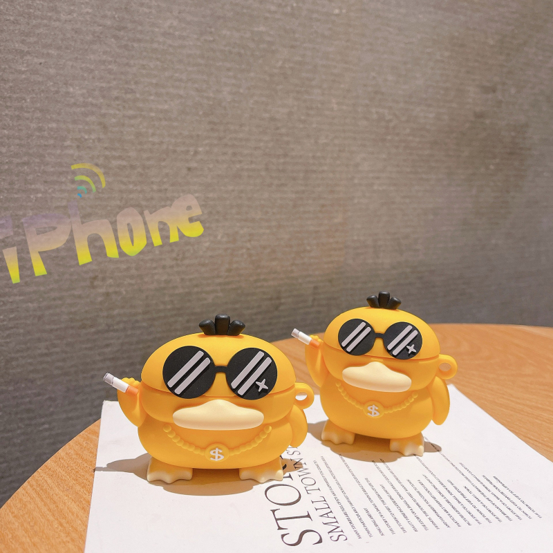 Zaštitni kućište za AirPods Pro 2./3./4. generacije – Cartoon Psyduck sa sunčanim naočalama, PVC, reljefno, prijenosno, mogućnost prilagodbe
