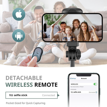 Selfie stick cu trepied și telecomandă Bluetooth încorporată, construcție din aliaj de aluminiu, telecomandă inclusă, compatibilitate universală, suport pentru personalizare