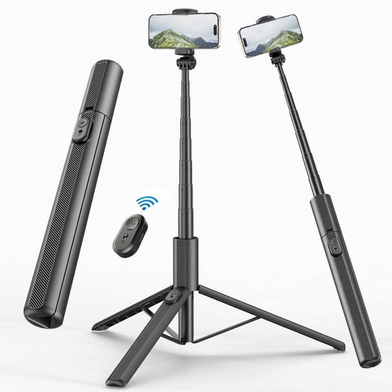 Selfie stick cu trepied și telecomandă Bluetooth încorporată, construcție din aliaj de aluminiu, telecomandă inclusă, compatibilitate universală, suport pentru personalizare