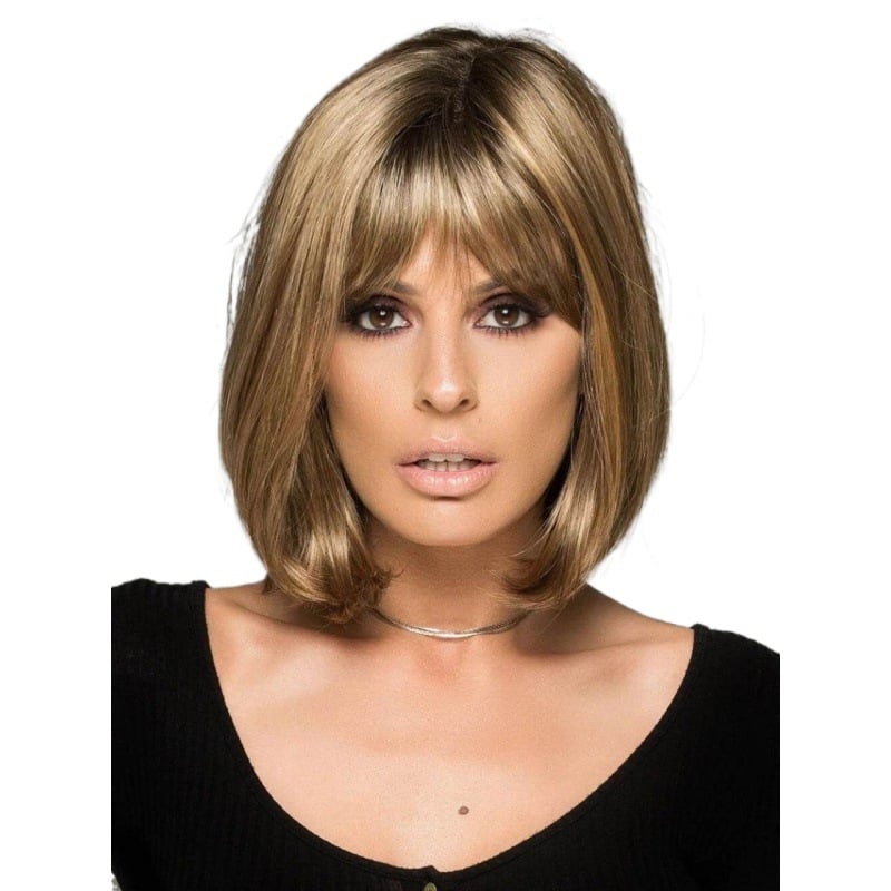 Qimonsi Duga ravna perika s kosim bangs, visokotemperaturna vlakna, prirodan ton kože, može se bojiti, model 8568