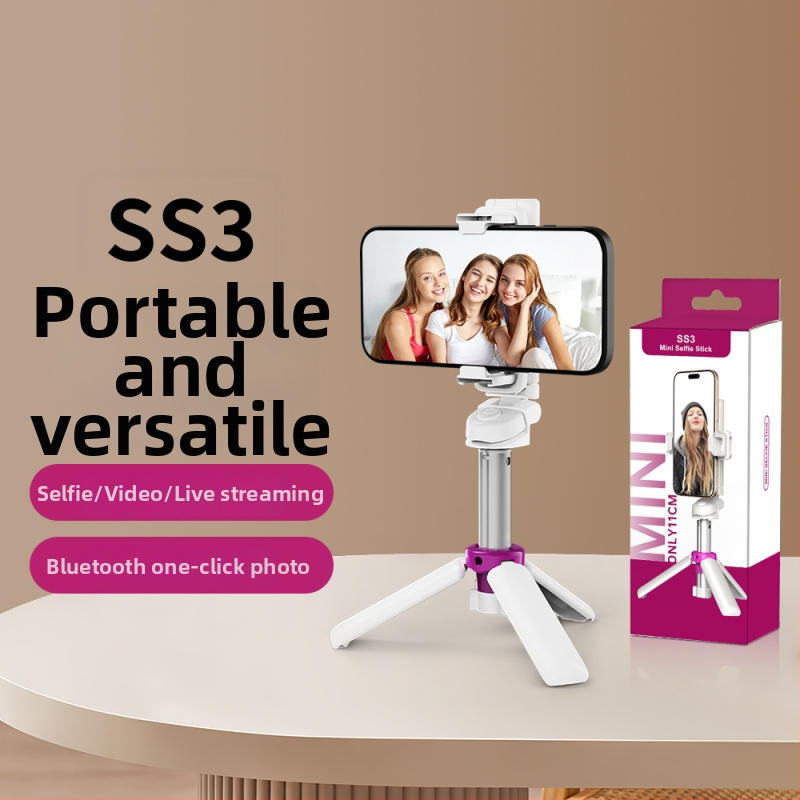 Mini prenosný Bluetooth selfie tyč pre mobilný telefón – s rukoväťou a stolovým trojnožným stojanom, telo zo zliatiny, diaľkový ovládač v balení, prispôsobiteľný, univerzálny štýl