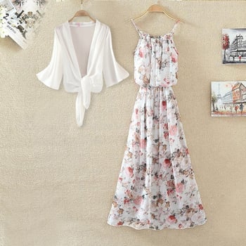 Chiffon-poliészter bohem mintás maxi ruha, tank-stílusú pántokkal, ujjatlan, laza szabás, egy darabos ruha (szett opció)