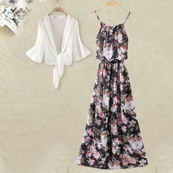 Chiffon-poliészter bohem mintás maxi ruha, tank-stílusú pántokkal, ujjatlan, laza szabás, egy darabos ruha (szett opció)