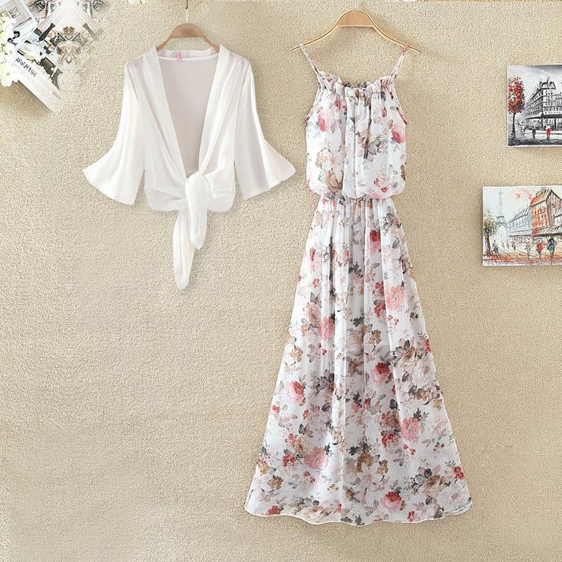 Chiffon-poliészter bohem mintás maxi ruha, tank-stílusú pántokkal, ujjatlan, laza szabás, egy darabos ruha (szett opció)