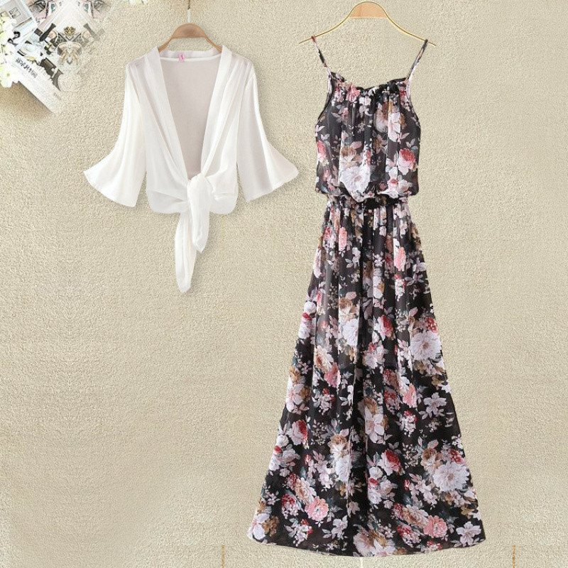 Chiffon-poliészter bohem mintás maxi ruha, tank-stílusú pántokkal, ujjatlan, laza szabás, egy darabos ruha (szett opció)