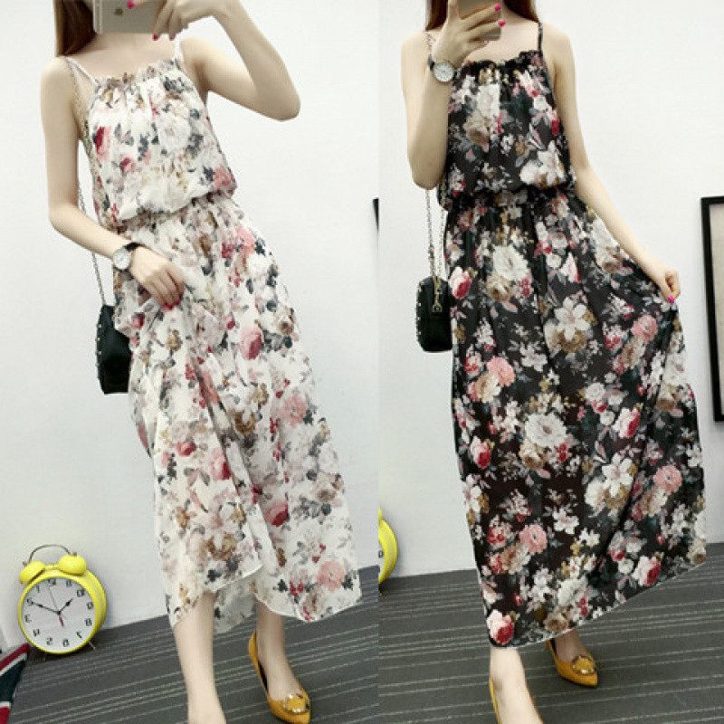 Chiffon-poliészter bohem mintás maxi ruha, tank-stílusú pántokkal, ujjatlan, laza szabás, egy darabos ruha (szett opció)