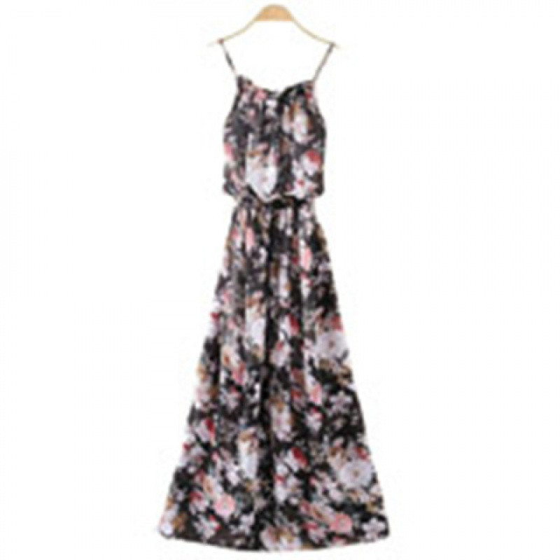 Chiffon-poliészter bohem mintás maxi ruha, tank-stílusú pántokkal, ujjatlan, laza szabás, egy darabos ruha (szett opció)