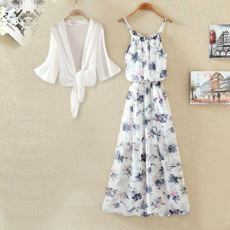 Chiffon-poliészter bohem mintás maxi ruha, tank-stílusú pántokkal, ujjatlan, laza szabás, egy darabos ruha (szett opció)