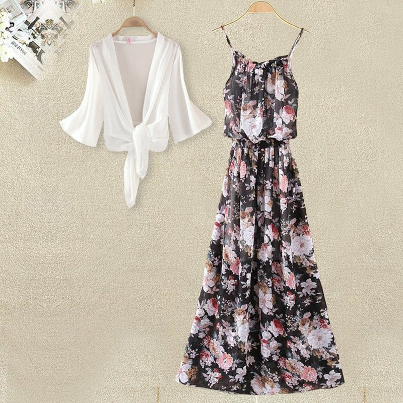 Chiffon-poliészter bohem mintás maxi ruha, tank-stílusú pántokkal, ujjatlan, laza szabás, egy darabos ruha (szett opció)