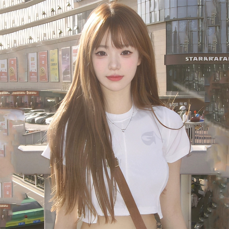 Perucă lungă dreaptă pentru femei – stil natural, fir de înaltă temperatură, model G42, breton ajustabil, potrivită pentru orice formă a feței