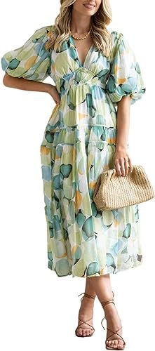 Boho geometrijska midi haljina s plisama, V-izrez, A-linijski kroj, poliester-spandeks mješavina