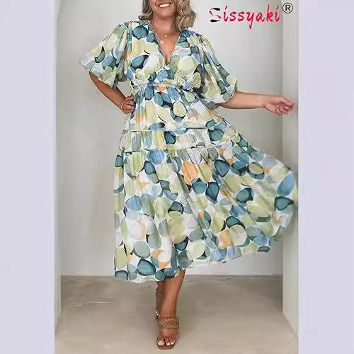 Boho geometrijska midi haljina s plisama, V-izrez, A-linijski kroj, poliester-spandeks mješavina