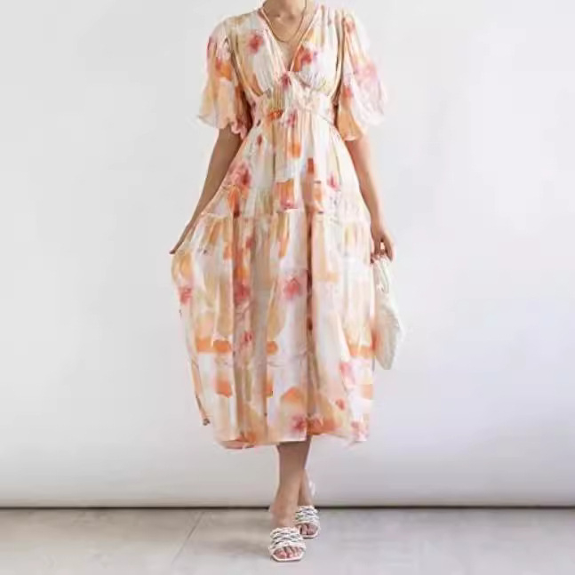 Boho geometrijska midi haljina s plisama, V-izrez, A-linijski kroj, poliester-spandeks mješavina