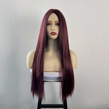 Perucă pentru femei, stil coreean, păr lung drept, perucă completă cu breton oblic, fibră sintetică rezistentă la temperaturi