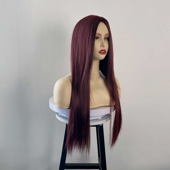 Perucă pentru femei, stil coreean, păr lung drept, perucă completă cu breton oblic, fibră sintetică rezistentă la temperaturi