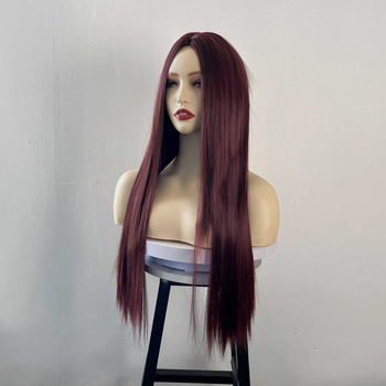 Perucă pentru femei, stil coreean, păr lung drept, perucă completă cu breton oblic, fibră sintetică rezistentă la temperaturi
