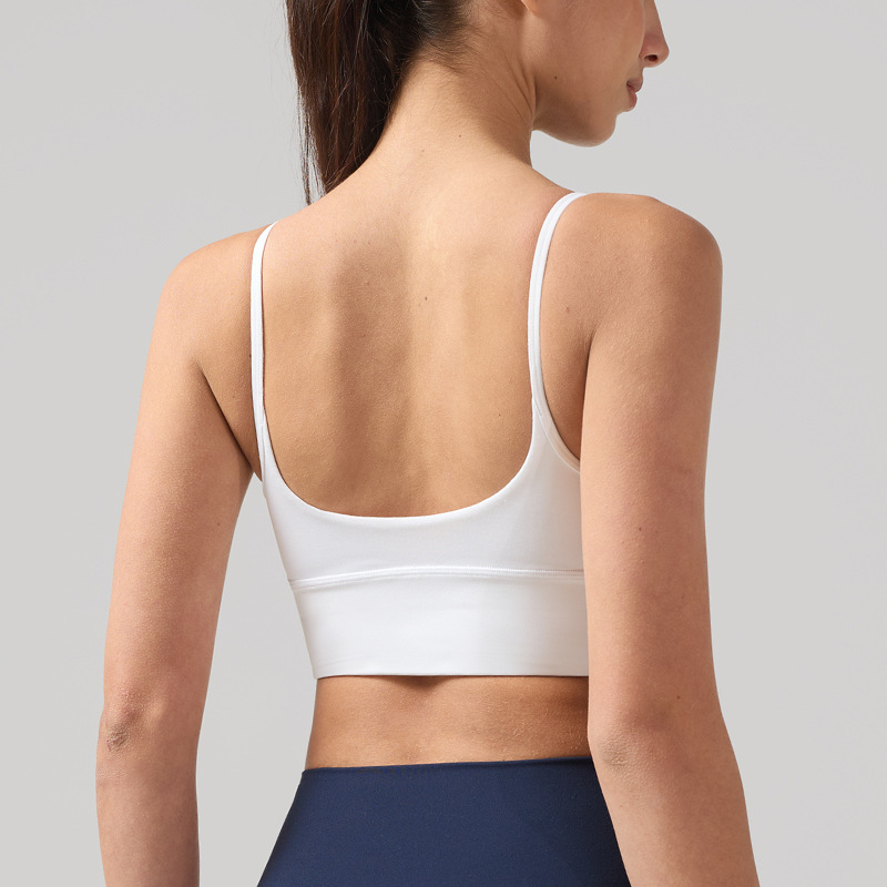 Bustier de yoga cu spate mare în formă de U, material respirabil și uscare rapidă, cupe căptușite, amestec nylon-spandex (81% nylon, 19% spandex), lungime până la abdomen