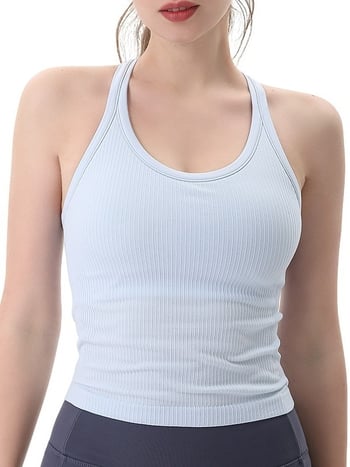 Top de yoga pentru femei cu pernă pentru bust și spate în formă Y (absorbție rapidă a umidității; Nylon-Spandex 90/10; lungime talie; croială mulată)