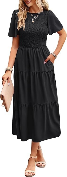 Rochie A-line midi, mâneci scurte, guler rotund, poliester