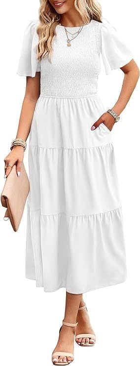 Rochie A-line midi, mâneci scurte, guler rotund, poliester