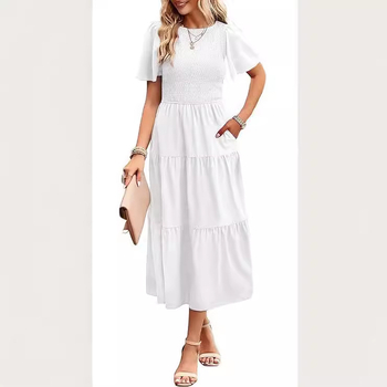 Rochie A-line midi, mâneci scurte, guler rotund, poliester