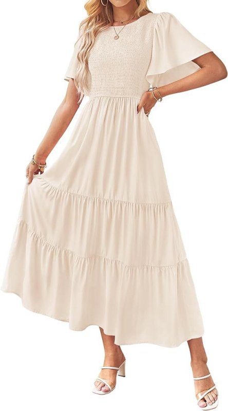 Rochie A-line midi, mâneci scurte, guler rotund, poliester