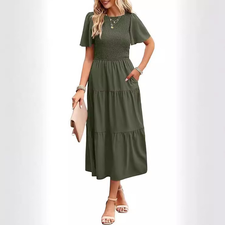 Rochie A-line midi, mâneci scurte, guler rotund, poliester