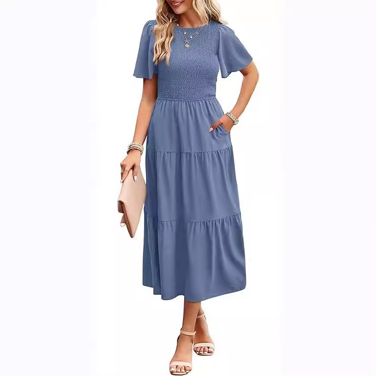 Rochie A-line midi, mâneci scurte, guler rotund, poliester