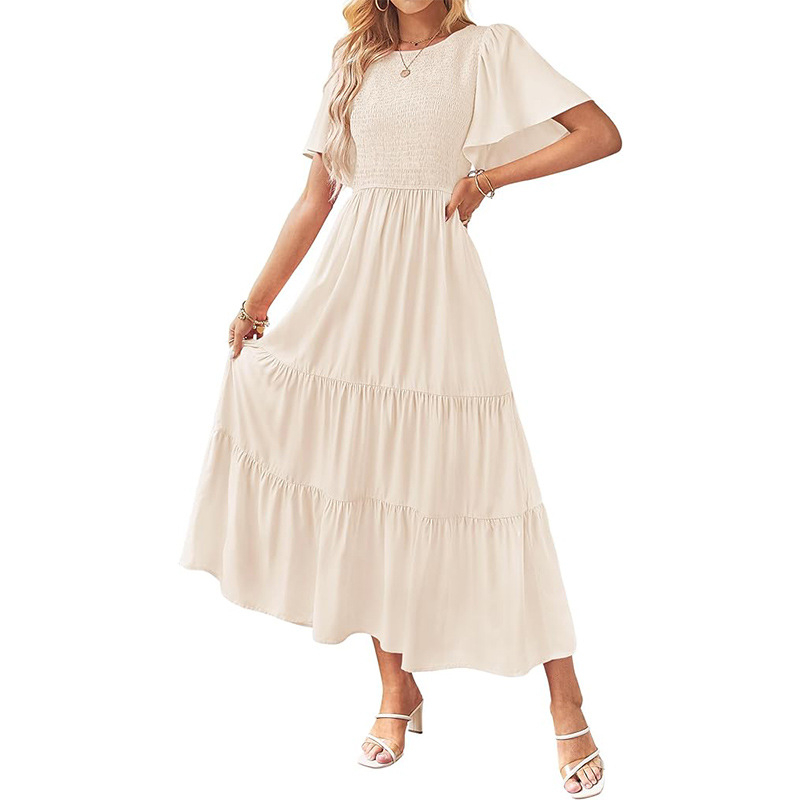 Rochie A-line midi, mâneci scurte, guler rotund, poliester