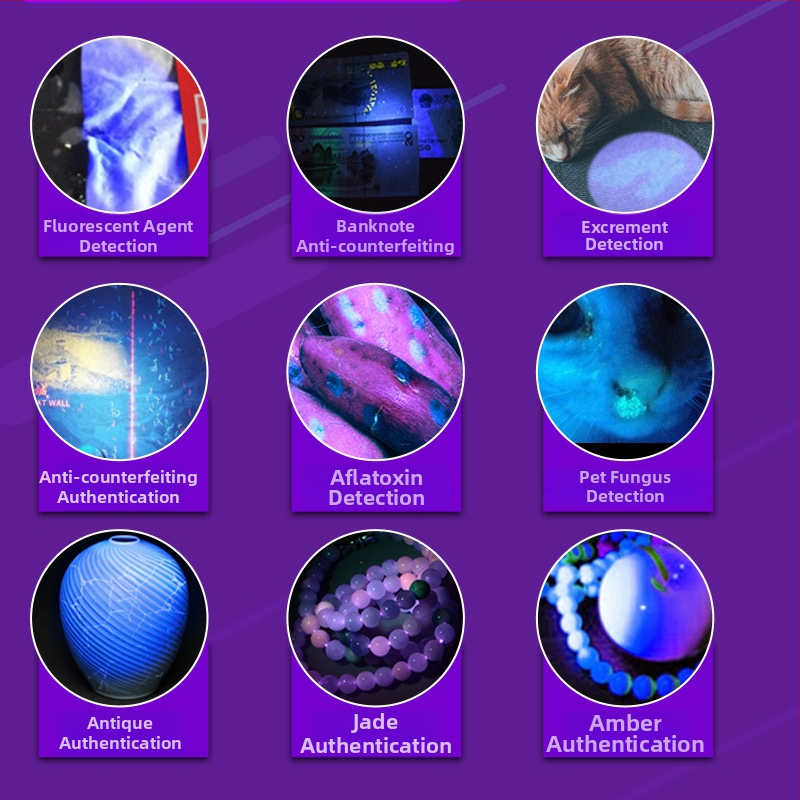 UV лампа за откриване на флуоресцентни агенти с 365 nm UV светлина, LED източник, алуминиев корпус, батерия 800 mAh, мощност 3 W