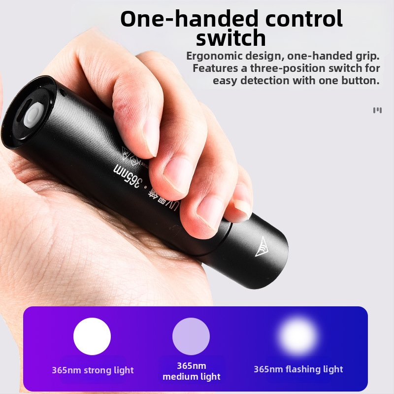 UV лампа за откриване на флуоресцентни агенти с 365 nm UV светлина, LED източник, алуминиев корпус, батерия 800 mAh, мощност 3 W