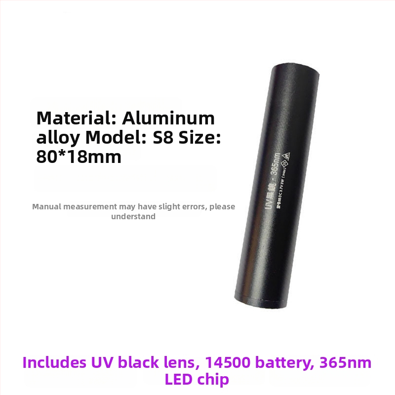 UV лампа за откриване на флуоресцентни агенти с 365 nm UV светлина, LED източник, алуминиев корпус, батерия 800 mAh, мощност 3 W