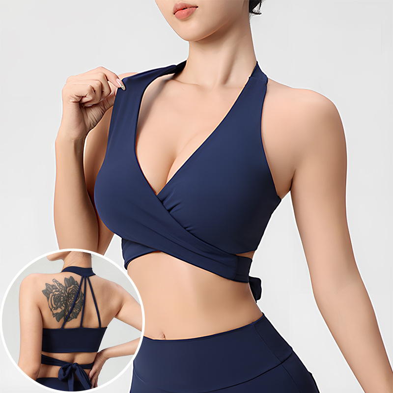 Top sport femei cu halter, cu pernă pentru bust, nylon cu uscare rapidă, decolteu în V adânc, cupă 3/4, bretele fixe; potrivit pentru alergare, fitness și yoga