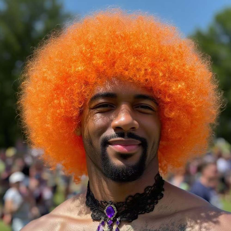 Runfeng Perucă Afro — păr scurt buclat, stil exotic, material păr K Silk/P Silk, breton drept, model Afro, KH-1551