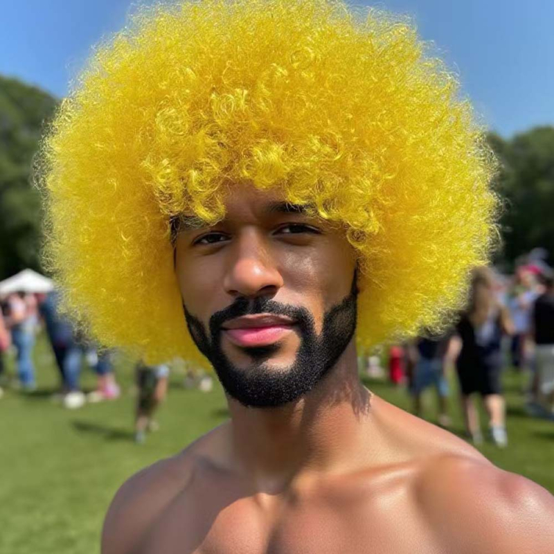 Runfeng Perucă Afro — păr scurt buclat, stil exotic, material păr K Silk/P Silk, breton drept, model Afro, KH-1551