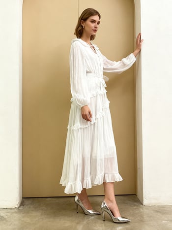 Rochie cu stil neregulat, decolteu în V, mâneci lungi, talie înaltă, poliester flexibil (toamna 2025)