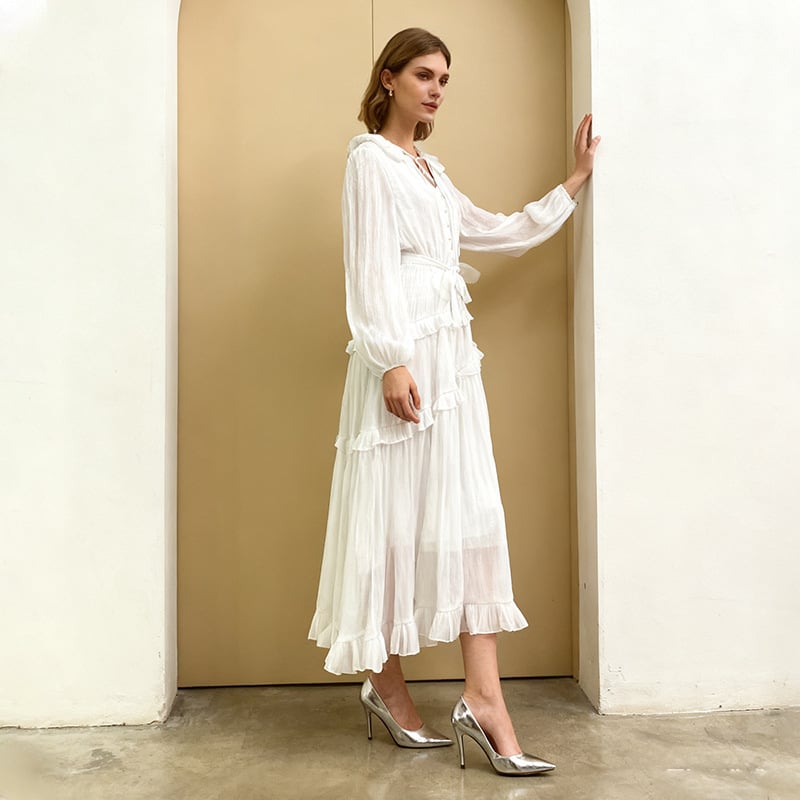 Rochie cu stil neregulat, decolteu în V, mâneci lungi, talie înaltă, poliester flexibil (toamna 2025)