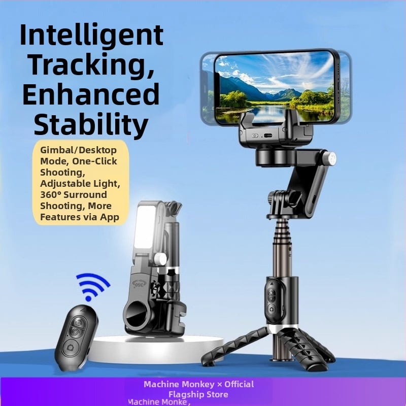 Machine Monkey мобилен стабилизатор за телефон – 3-осен гимбал, следене на лице, ръчна стойка за лайв излъчване, вградена светлина, модел Q18, ABS + алуминиева сплав, Bluetooth, дистанционно