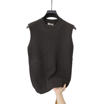 Vesta tricotată fără mâneci, din in, croială lejeră, guler rotund, culoare solidă, evacuează umezeala