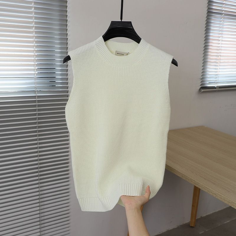 Vesta tricotată fără mâneci, din in, croială lejeră, guler rotund, culoare solidă, evacuează umezeala