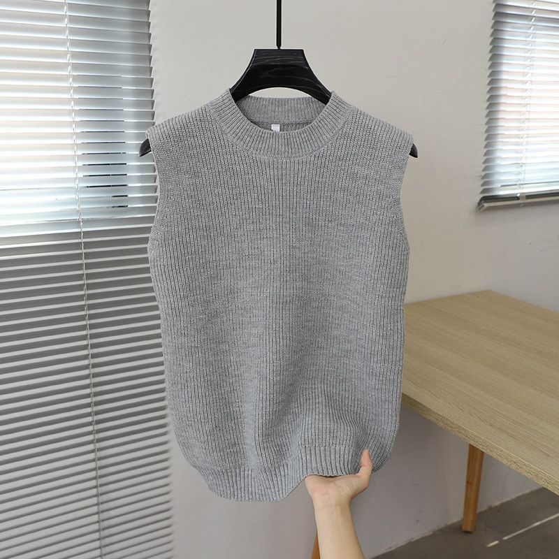 Vesta tricotată fără mâneci, din in, croială lejeră, guler rotund, culoare solidă, evacuează umezeala