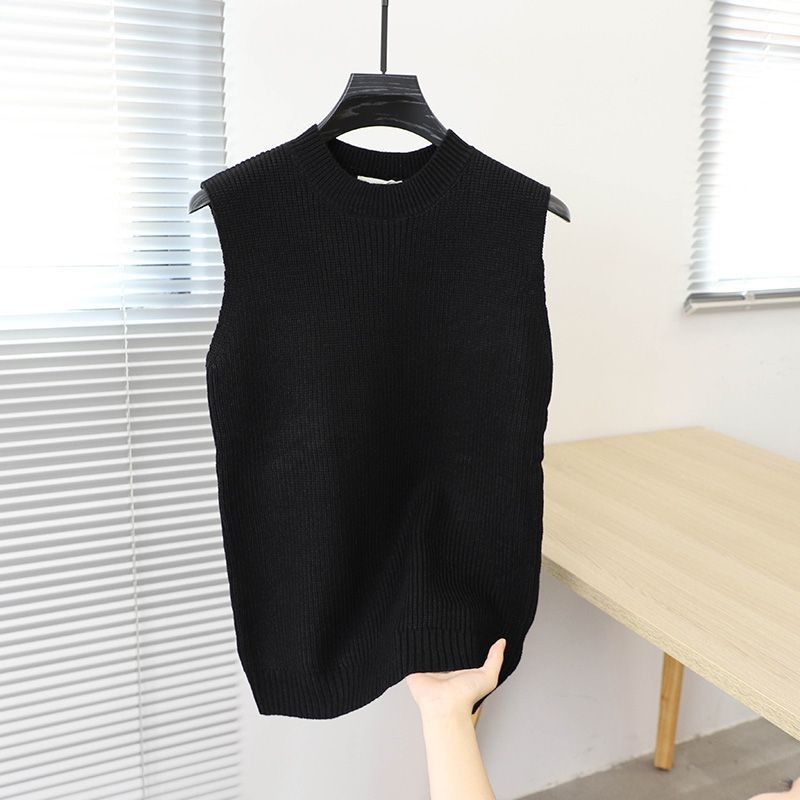 Vesta tricotată fără mâneci, din in, croială lejeră, guler rotund, culoare solidă, evacuează umezeala
